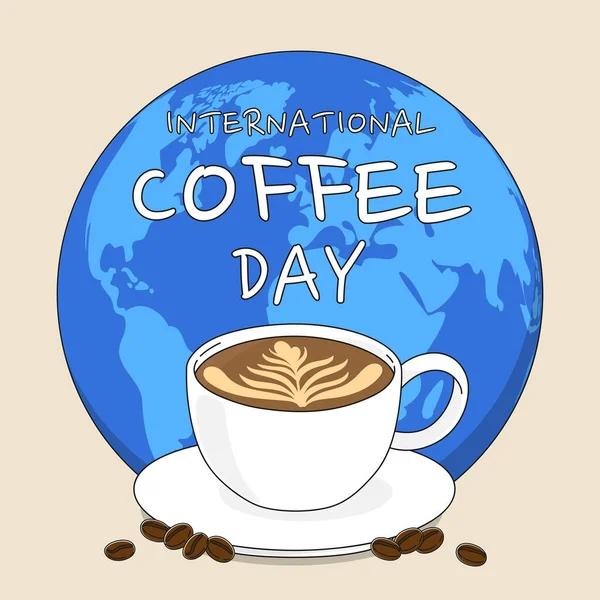 International Coffee Day Concept Earth Coffee Cup Coffee Beans Pastel — Stock Vector