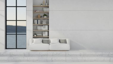 Beyaz bir kanepesi, mermer merdivenleri, beyaz bir duvarı ve penceresi olan çağdaş bir koridor koridorunun iç tasarımı. 3d görüntüleme, 3d illüstrasyon