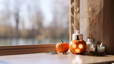 Glowing jack-o-lantern pumpkin halloween props with candles on wooden table aside window in sunlight. Room Decoration, 3D rendering, 3D Illustration.