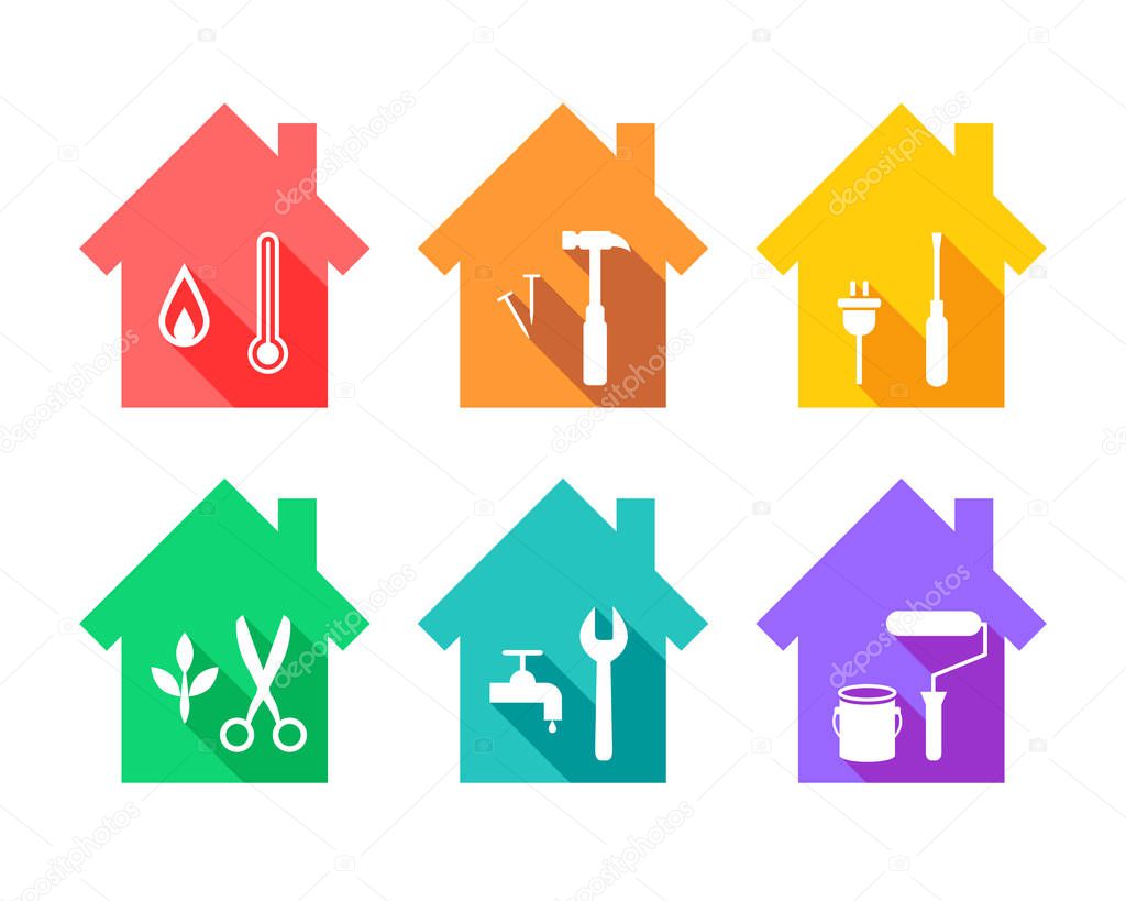 House with work tools as repair and maintenance concept. Working tool icons set in flat design.