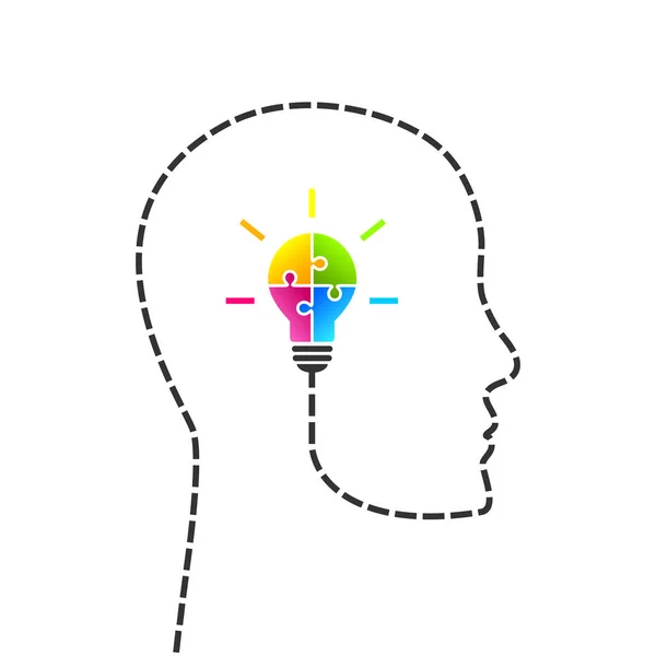 想法概念 由五颜六色的拼图作品制成的头部和灯泡 — 图库矢量图片