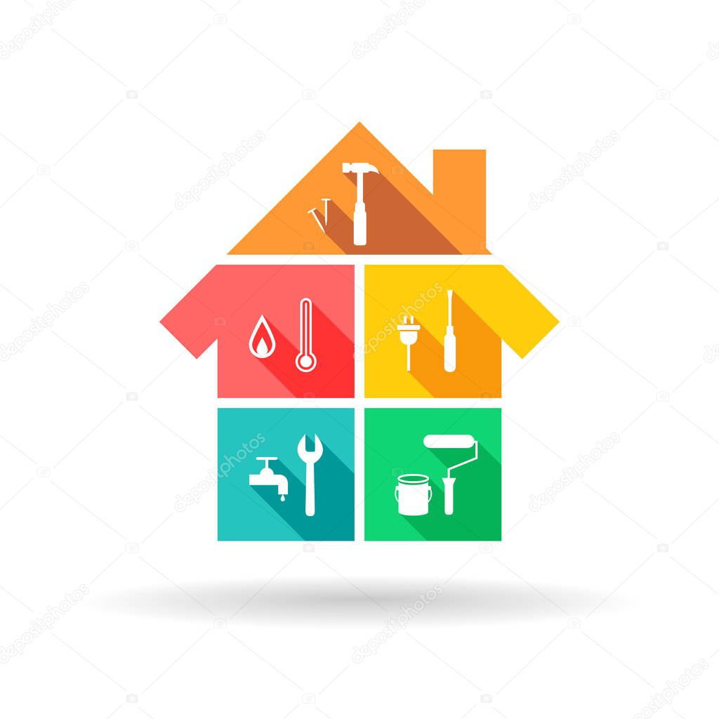 House with different tools as construction and maintenance concept in colorful flat design
