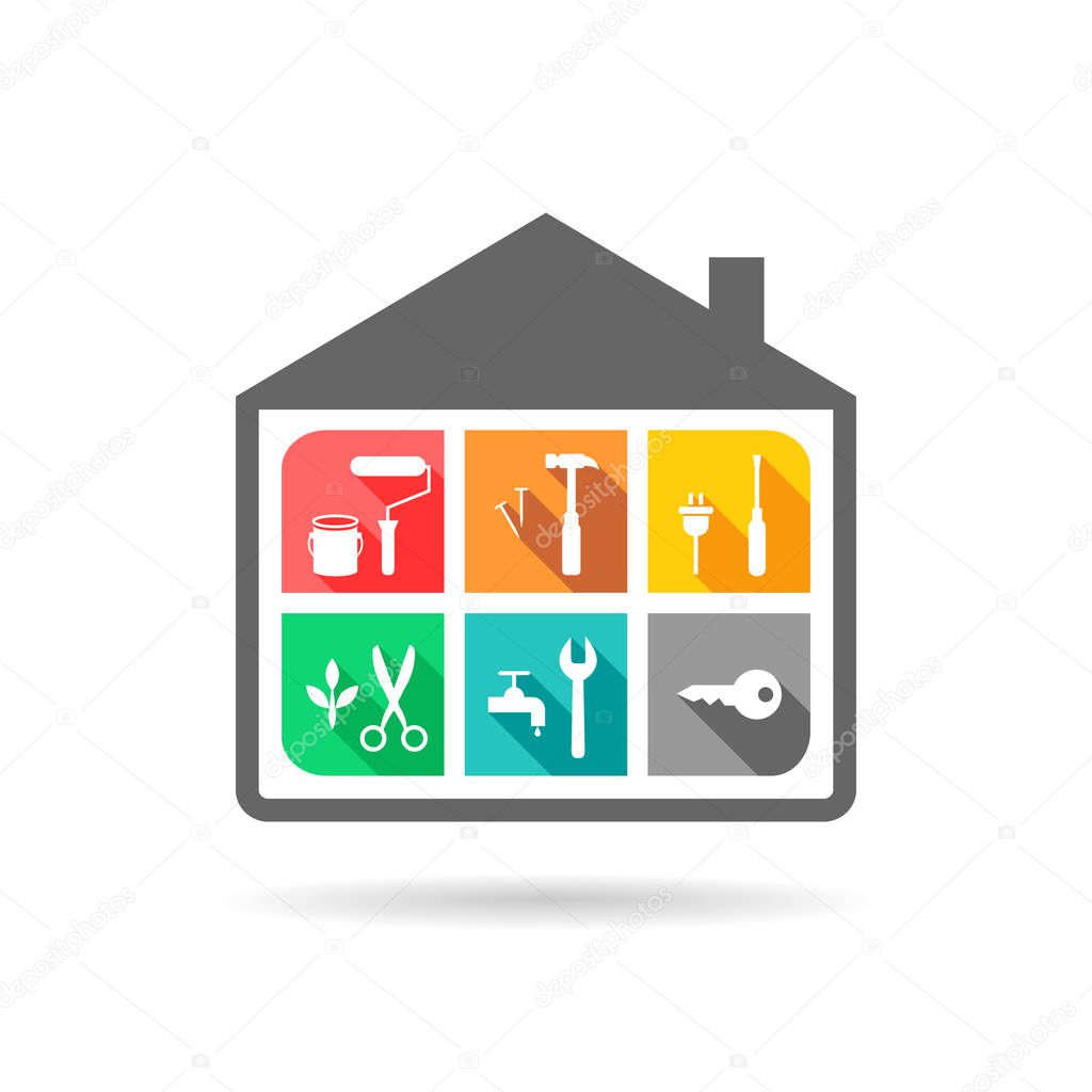 Facilities management concept with house and work tool icons in flat design