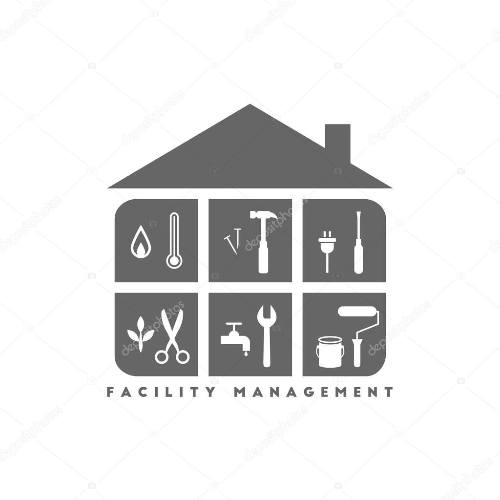 Facility management concept with building and various working tools inside