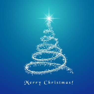 Etrafında dönen ışıklı ve parlayan ışıklar ile Soyut Noel ağacı tasarımı. Mavi arka plan