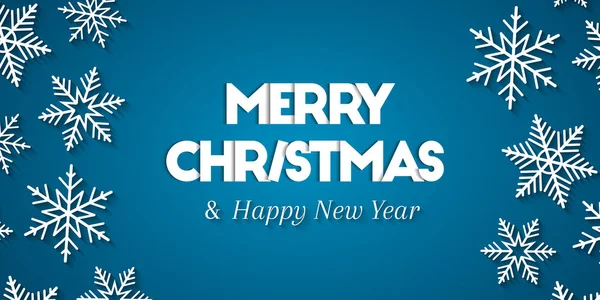 側面に平らな白い雪片と青い背景を持つメリークリスマス ハッピー新年の挨拶コンセプト — ストックベクタ