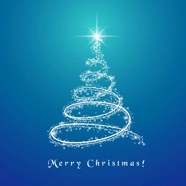 ライトと光るライトが周りに回転する抽象的なクリスマスツリーのデザイン 青い背景 — ストックベクタ
