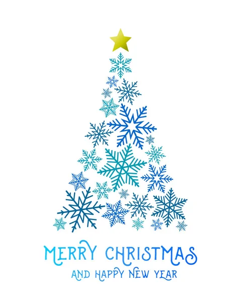 その上に金色の星を持つ青い雪片で作られたクリスマスツリー 抽象的なメリークリスマスとハッピーニューイヤーグリーティングカードのデザイン — ストックベクタ