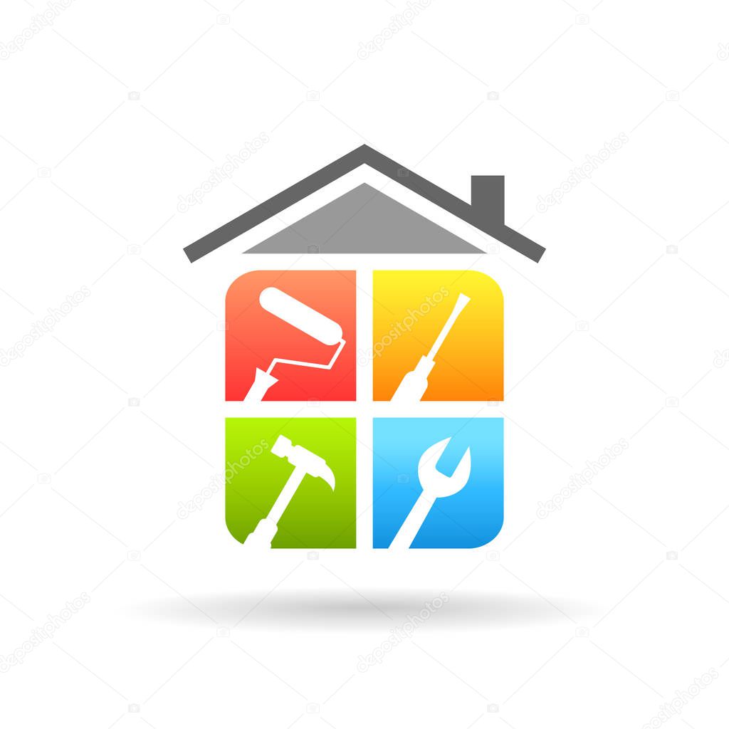 Home repair concept with work tools. Home renovation and improvement logo in colorful design.