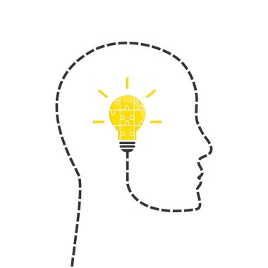 Profil çizgisi ve parlak yapboz parçalarından oluşan ampul içeren fikir kavramı