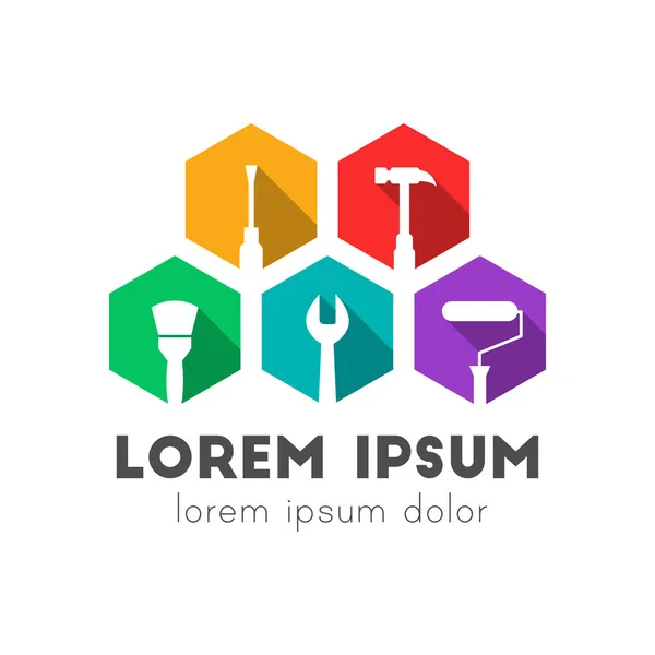 İş araç simgeleriyle inşa, onarım ve bakım logosu konsepti. Uzun gölgeli renkli düz tasarım. 