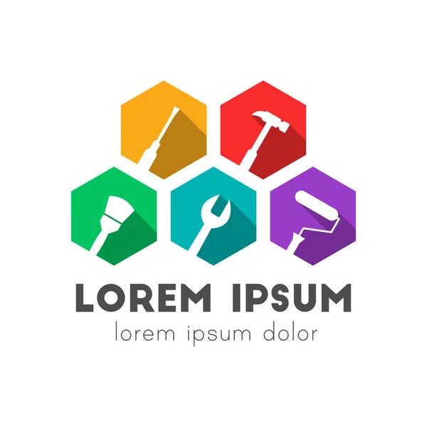 Çalışma araçları logosu konsepti. Simgeler yana doğru eğilmiş. Uzun gölgeli renkli düz tasarım. 