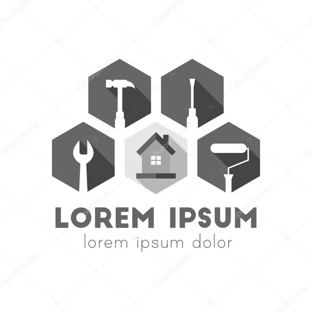House repair concept with work tools. Flat design with long shadow