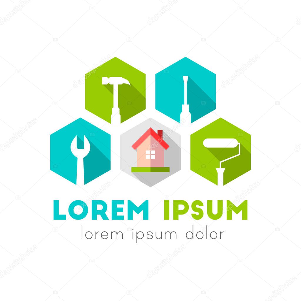 House and work tools as logo concept in flat design with long shadow