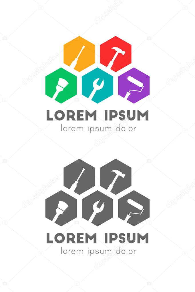 Colorful work tools as logo concept. Tilted icons in hexagon shape.