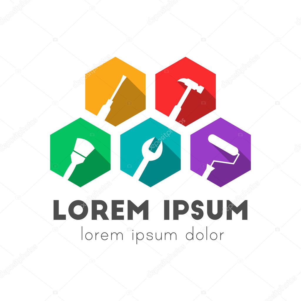 Working tools logo concept. Icons tilted sideways. Colorful flat design with long shadow.