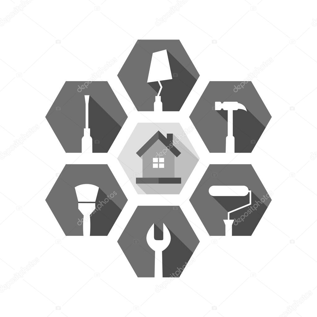 House maintenance and repair concept with work tool icons in gray color