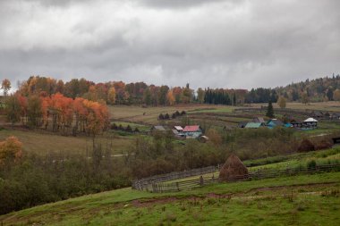 Sonbaharın renkleri. Bashkortostan dağlarında altın sonbahar. Dağ köyü.