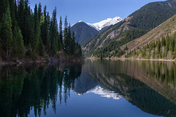 Lago Alpino Kolsay Kazajistán Pendientes Montaña Cubiertas Bosques Coníferas Reflejan — Foto de Stock