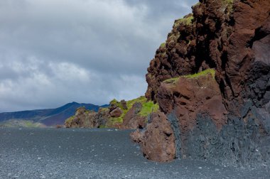 İzlanda'da siyah kum plaj ve yeşil çim eniyip mavi deniz
