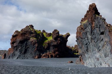 İzlanda'da siyah kum plaj ve yeşil çim eniyip mavi deniz