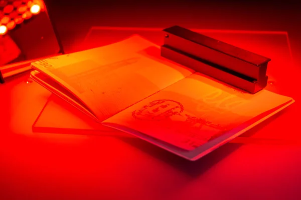 Comprobación del pasaporte para el fraude en UV y otra luz, detecti — Foto de Stock