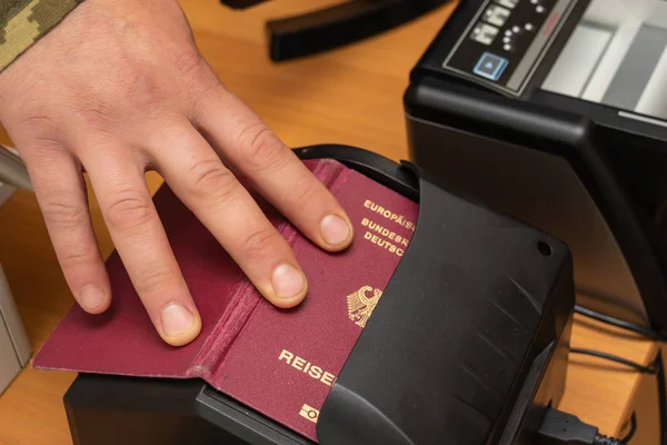 Devices for scanning passport documents, fingerprinting during b — Stock Photo, Image