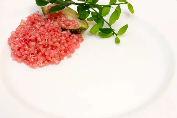 Delizioso caviale di agrumi su un piatto bianco decorato con un verde — Foto Stock