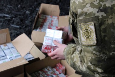 The border guard in camouflage uniforms puts smuggled cigarettes clipart