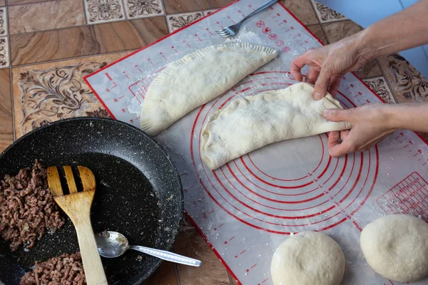 Close Woman Hands Making Dough Homemade Bread Empanadas Female Baker — Stock Photo, Image