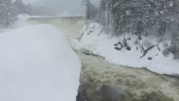 Drone Flying Very Slowly Sideways Beautiful Winter Forest River — Stock Video