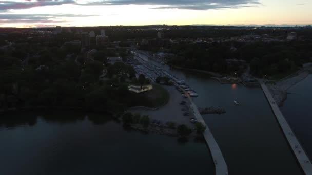 Night Aerial View Small Manmade Opening Urban Coastal Line — Stock Video