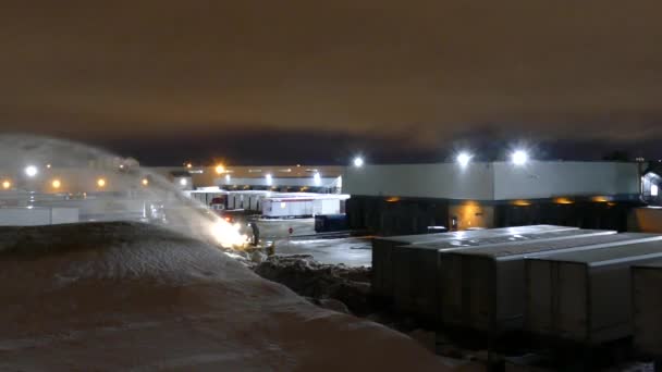 Wide View Bright Overcast Night Industrial Parking Yard Lot Snowblower — Stock Video
