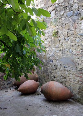 Eski taş duvar kalıntıları boyunca eski avluda Gigant kil şarap sürahi, Ikalto, Gürcistan