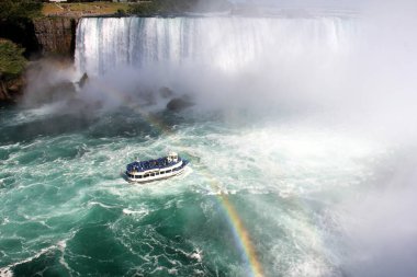 Niagara Şelalesi'ni keşfeden turist teknesi, gökkuşağı ile manzaraya bak. Kanada tarafı - Horseshoe Fall