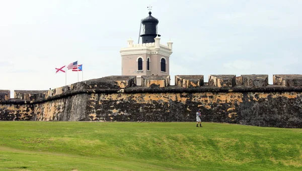 Régi Világítótorony Három Zászló Erődfal San Juan Puerto Rico — Stock Fotó