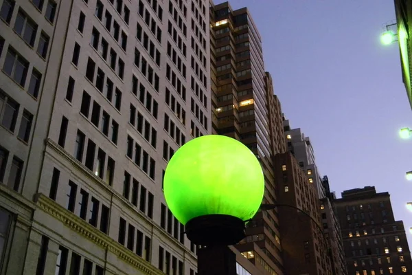 Green Ball Lamp, vintage NYC Metro station entrance sign, at Rector Street, view at the dusk, New York, NY, USA - September 21, 2010