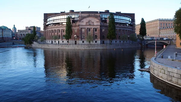 Casa Parlamento Estocolmo Fachada Água Pôr Sol — Fotografia de Stock