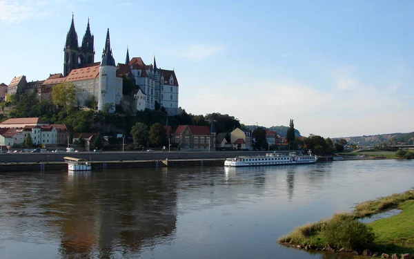 Planda Albrechtsburg Kale Katedrali Ile Elbe Nehri Üzerinde Meissen Kasabasının — Stok fotoğraf