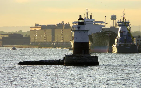 Phare Robbins Reef Dans Port New York Coucher Soleil — Photo