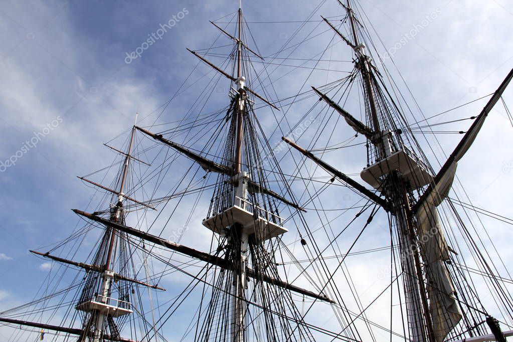 Rigging and masts of the USS Constitution at Boston Naval Shipyard, MA