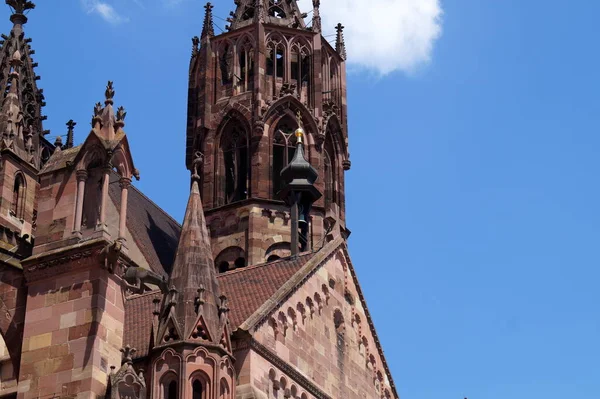 Detalles Fachada Catedral Gótica Freiburg Minster Con Pequeño Campanario Con — Foto de Stock