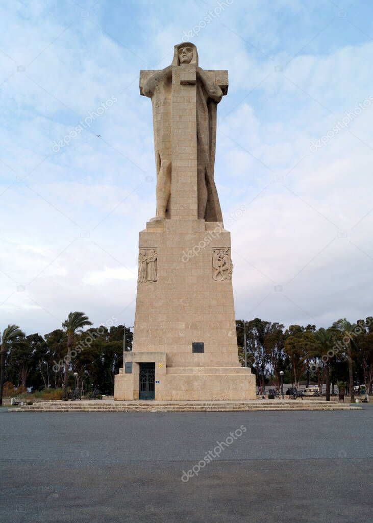 Monument to the Discovery Faith, aka the Monument to Columbus, inaugurated in 1929, at the departure point of the first transatlantic voyage of Columbus, Huelva, Spain - January 5, 2018