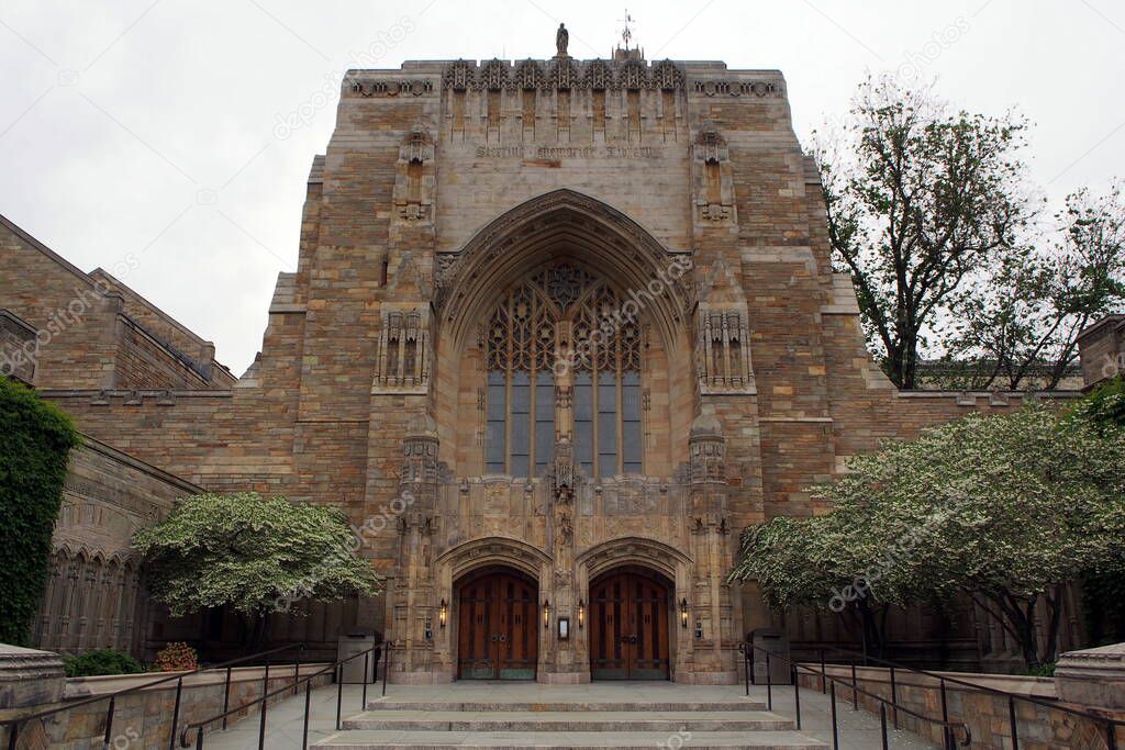 Sterling Memorial Library (SML), the main building of the Yale University Library system, opened in 1931, main facade, New Haven, CT, USA - May 28, 2017