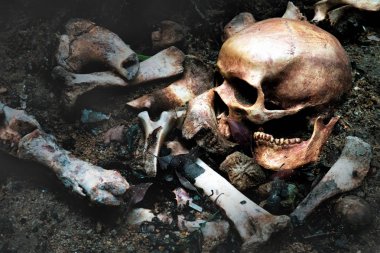 Çukurda eski insan kafatası ve kemikleri natürmort sanatı ya da korkutucu 