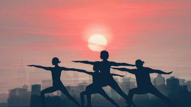 yoga egzersiz dışarı olan insanların grup siluet arka plan