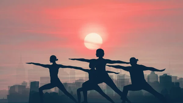 Silhouet achtergrond van de groep van mensen die yoga workout uit — Stockfoto