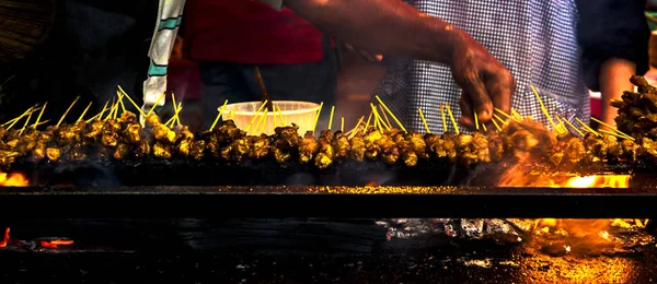 La imagen borrosa de carne asada, pollo y cordero Satays en — Foto de Stock