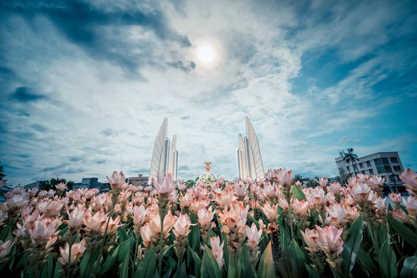 シアムチューリップの花の前景を持つ民主主義の記念碑 — ストック写真