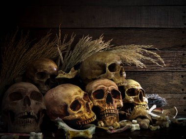 Humen kafatasları ve kulak o ile kemik yığını Natürmort sanat görüntü